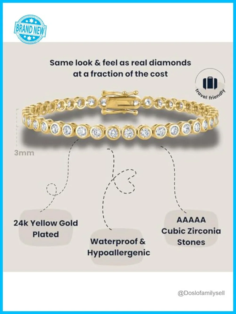3mm Bezel Set CZ Tennis Bracelet, 5A Cubic Zirconia, Gold Plated, Box Clasp